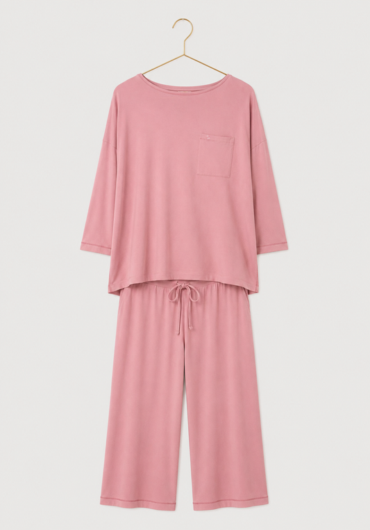 Pajamas: Plain Semi Long Sleeve Top And Wide Cut Bermuda (Viscose Lycra)
