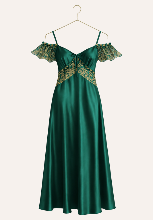 Satin Long Nighty With Golden Lace Detail