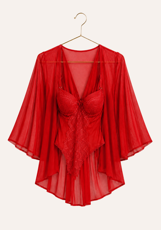 Lingerie Short Robe Set: Satin Lace Padded Bra Bodysuit And Schiffon Butterfly Short Kimono