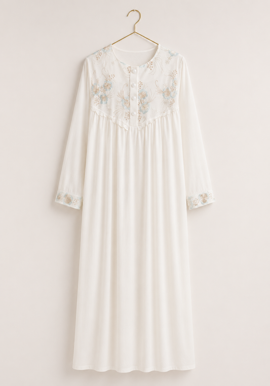 Maternal Long Robe Set: Long Sleeve Buttoned Nighty And Long Sleeve Organza Robe