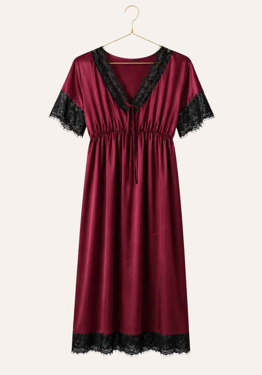 Satin Midi Gown With Waist Elastic And Lace Detail On The Neck, Sleeves, And Bottom