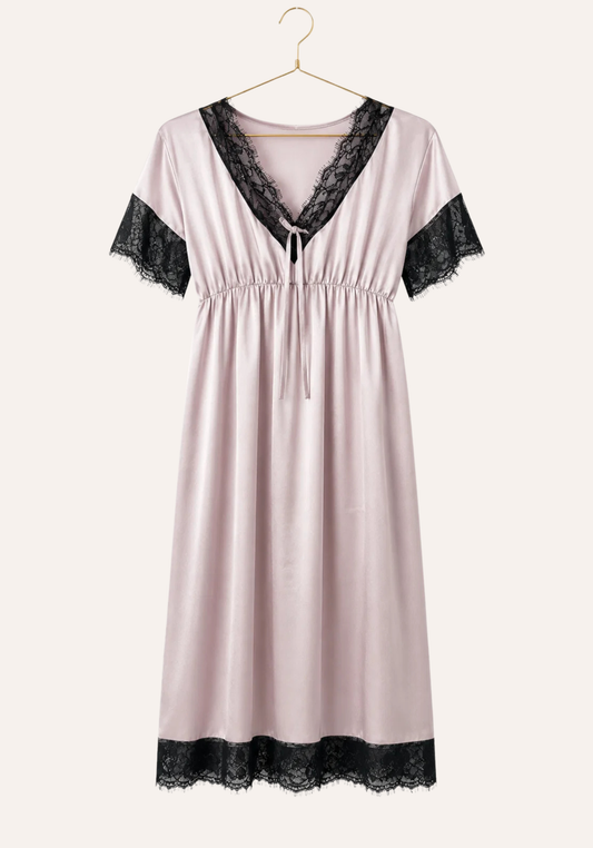 Satin Midi Gown With Waist Elastic And Lace Detail On The Neck, Sleeves, And Bottom