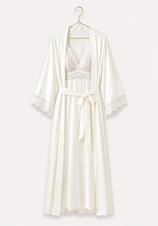 Bridal Long Robe Set: Shoulder Strap Lace Bra Long Gown And Long Robe With Lace Detail