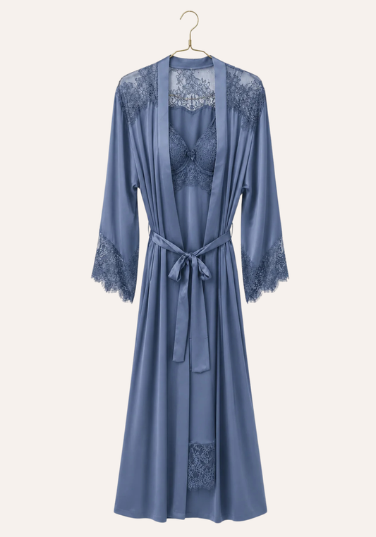 Lingerie Long Robe Set: Satin Padded Underwire Cup Long Nighty And Satin Long Sleeve Long Robe With Lace Detail