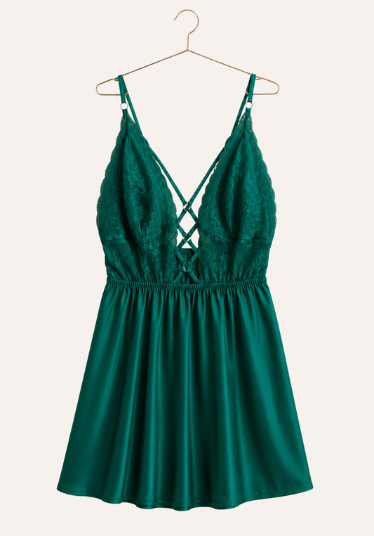 Babydoll: Shoulder Strap Lace Bra Open Back Satin Babydoll