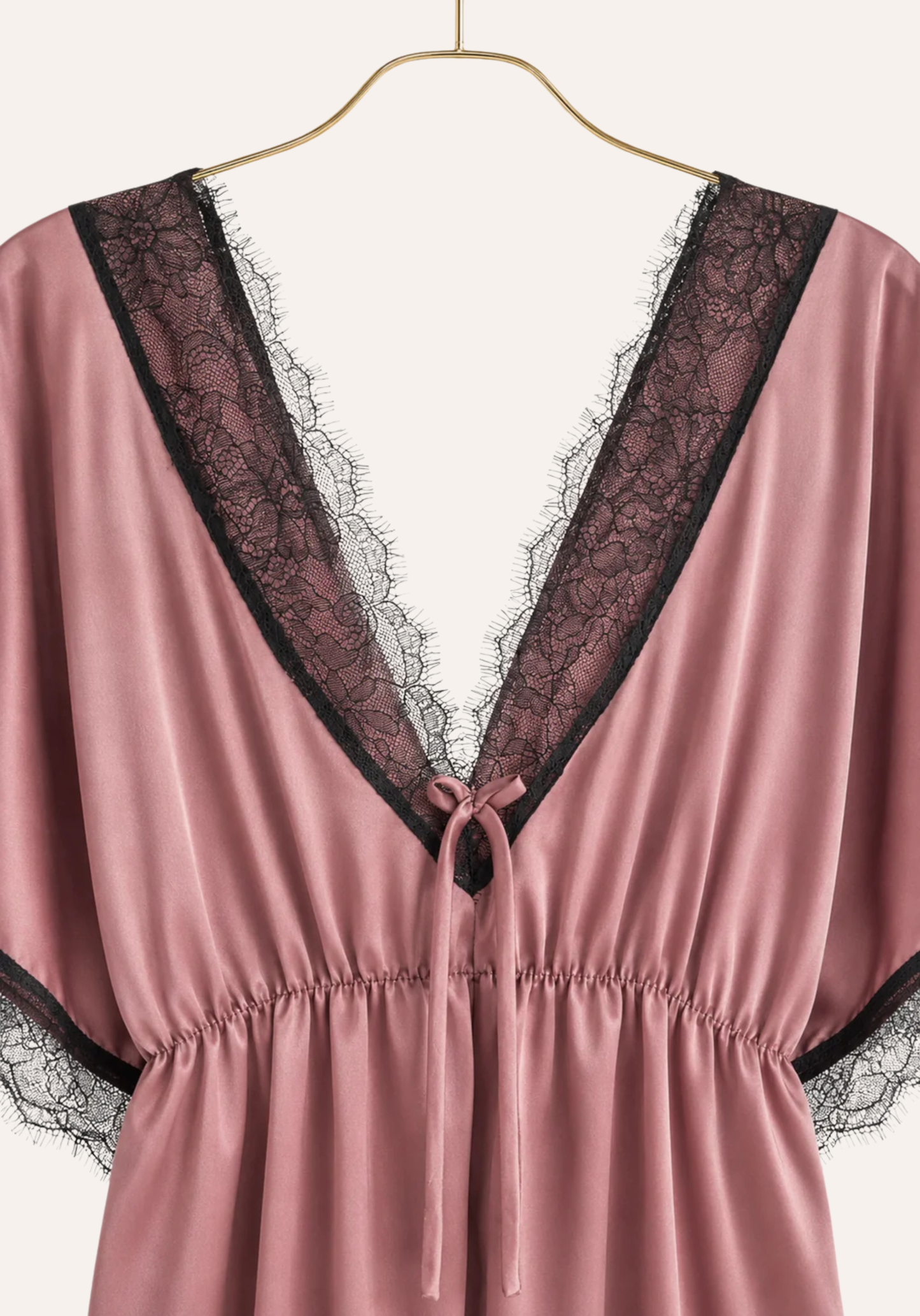 Satin Midi Gown With Waist Elastic And Lace Detail On The Neck, Sleeves, And Bottom