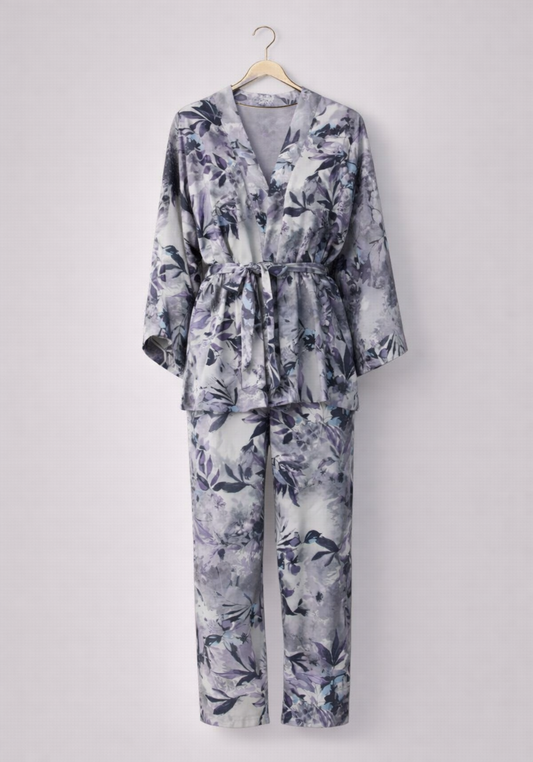 3 Pieces Set: Short Sleeve Top (Vis Els) And Pants (100% Vis) And Robe (100% Vis)