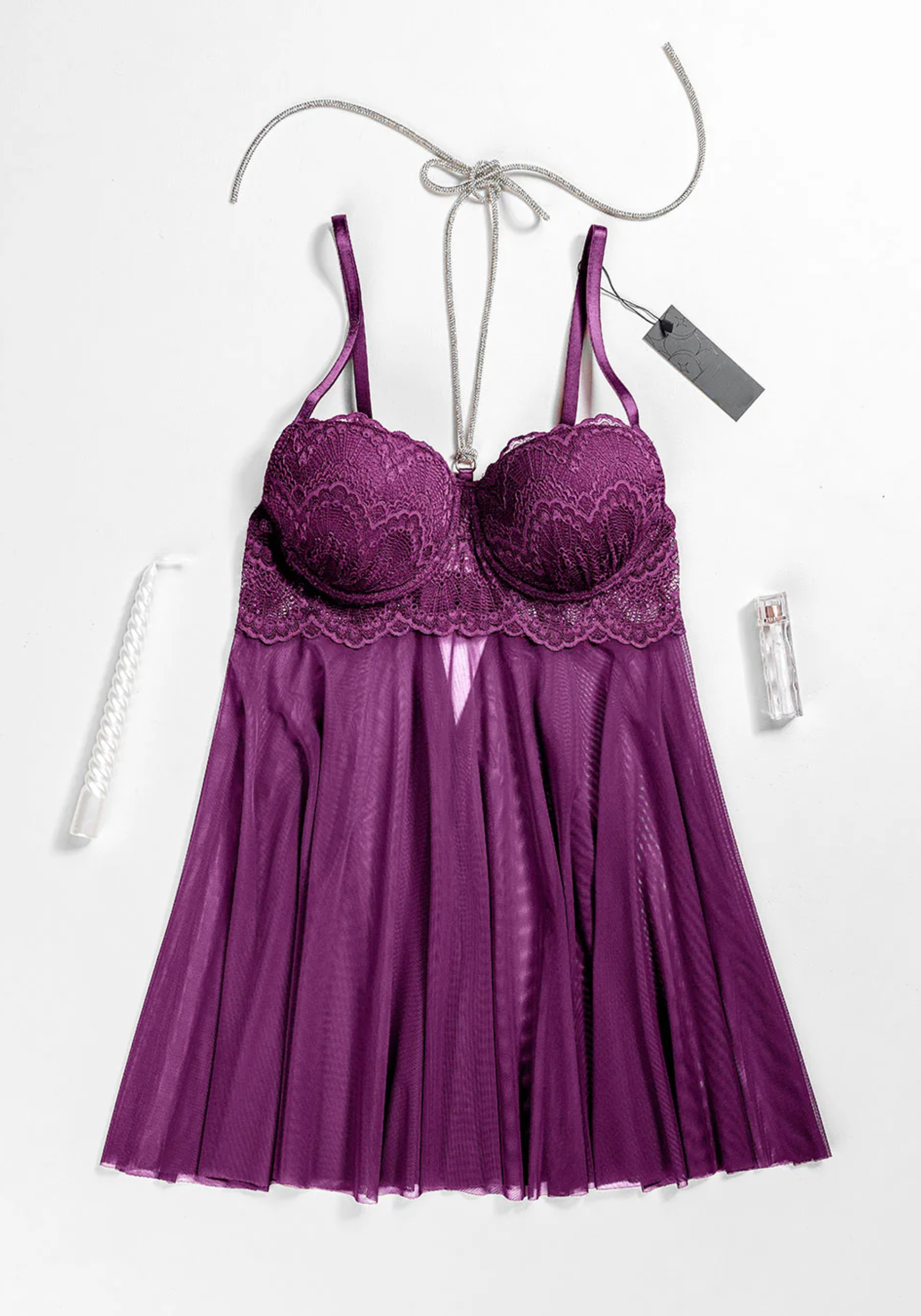 Lingerie Babydoll: Shoulder Strap Dantel Padded Bra With Stras Necklace Attached With Toulle Extension And Panty
