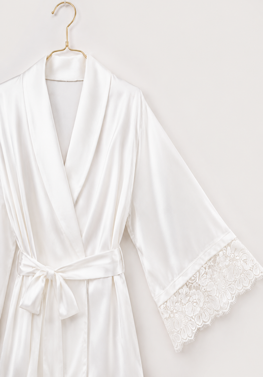 Satin Pajamas: Long Sleeves Robe Like Top And Pant With Lace Detail