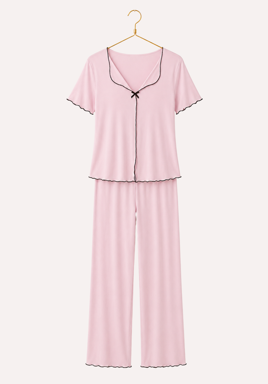 Plain Short Sleeve Cropped Top And Pant Pajamas