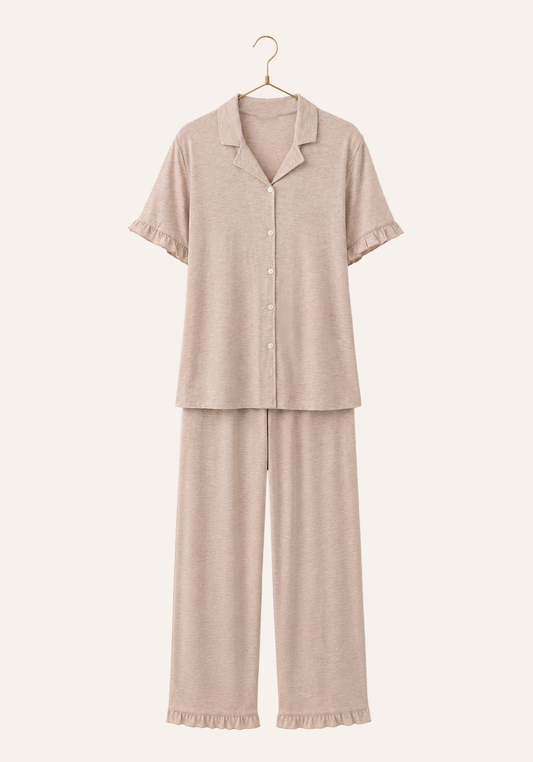 Plain Collar Button Short Sleeve Ruffled Top And Pant Pajamas