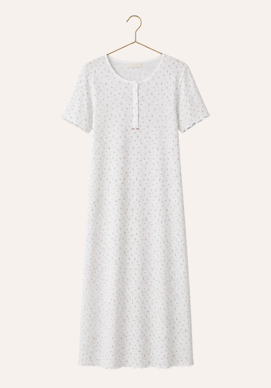 Flower-Print Ribbed Short Sleeve Buttoned Front Long Nighty