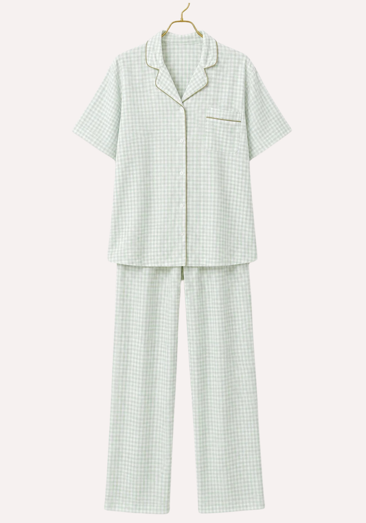 Chequered Short Sleeve Collar Button Gingham Pajamas