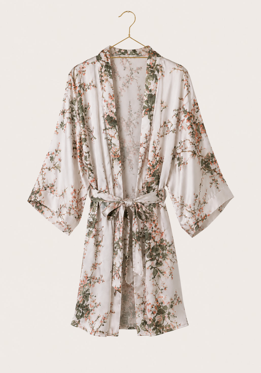 Short Robe Set: Viscose Lycra Shoulder Strap Plain Nighty With Lace Detail And Satin Printed Robe
