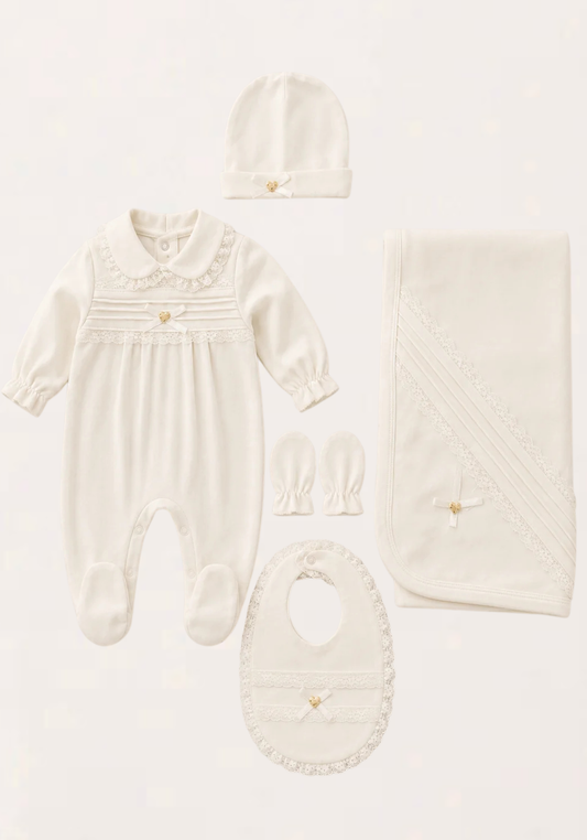 Babies Essential Set Of 5 Pieces: Romper, Hat, Bib, Blanket, Mittens