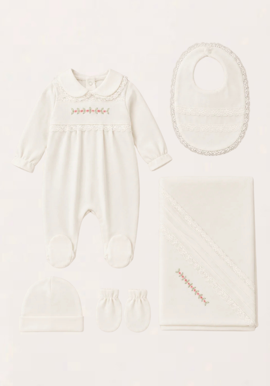 Babies Essential Set Of 5 Pieces: Romper, Hat, Bib, Blanket, Mittens