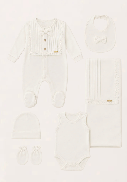 Babies Essential Set Of 6 Pieces: Romper, Hat, Bib, Blanket, Mittens, Socks