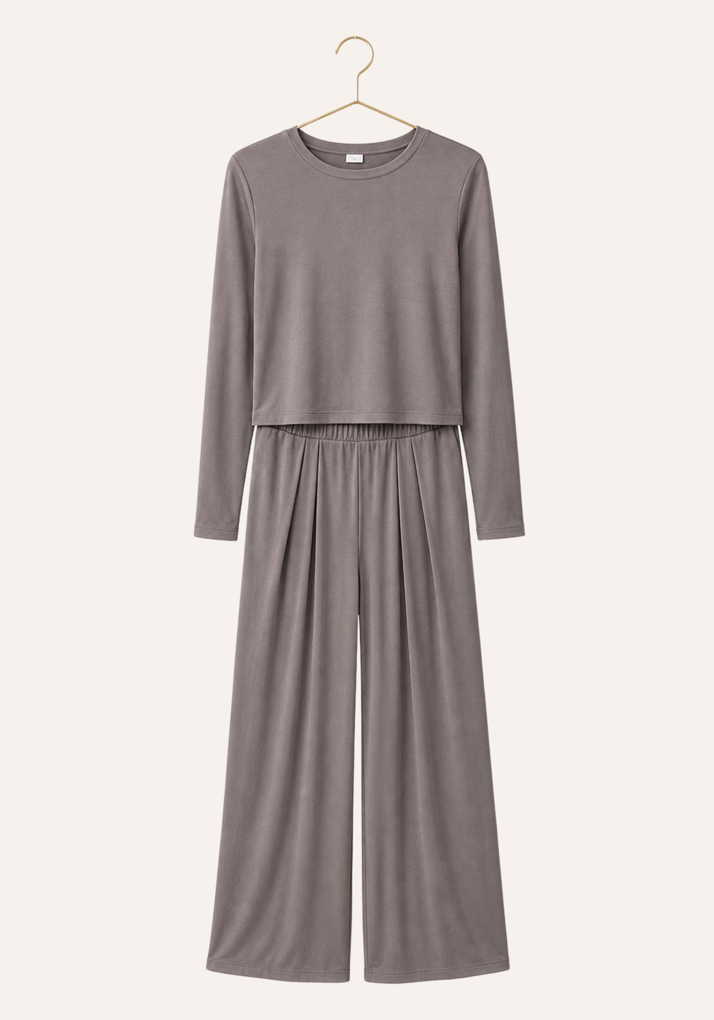 Plain Long Sleeve Top And Wide Leg Pleated Pant Pajamas