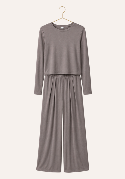 Plain Long Sleeve Top And Wide Leg Pleated Pant Pajamas