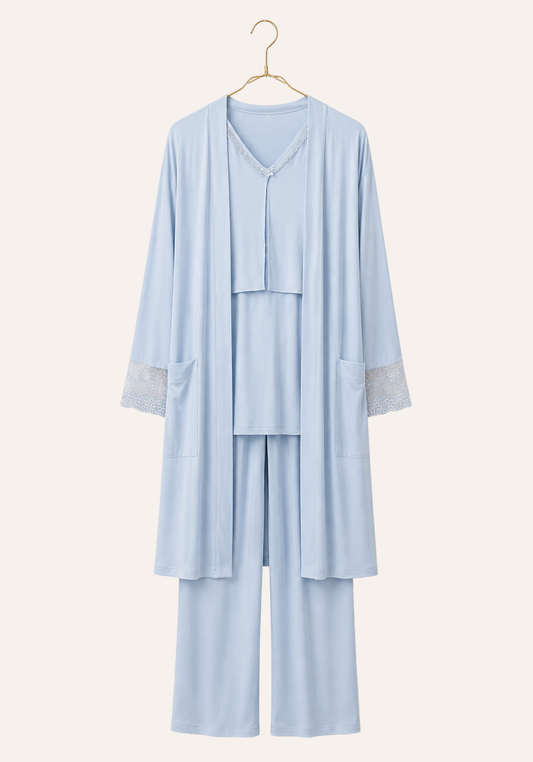 Plain Long Sleeve Pajamas And Long Robe With Dantel Details