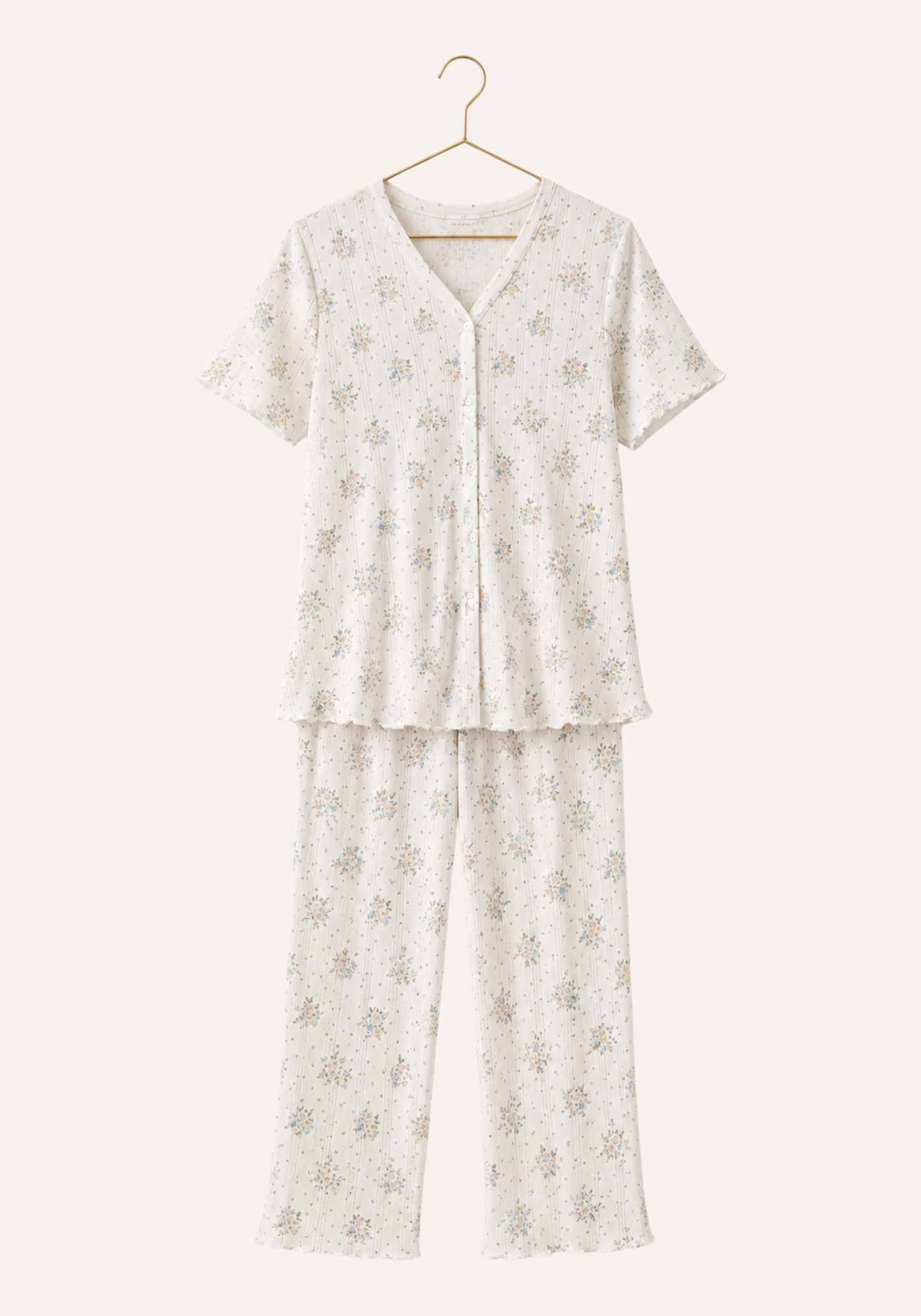 Flower-Print Pointelle Short Sleeve Buttoned Top Pajamas