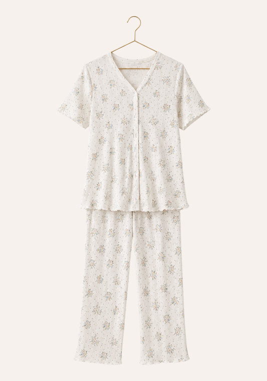 Flower-Print Pointelle Short Sleeve Buttoned Top Pajamas