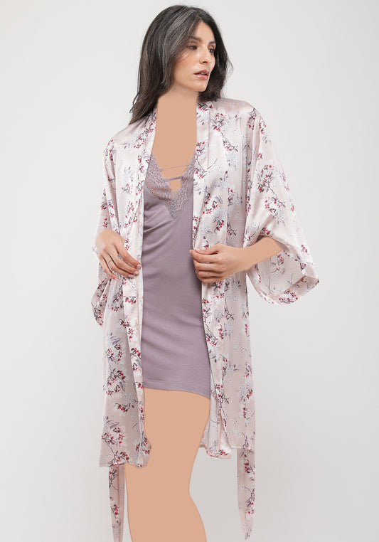 Shoulder Strap Viscose Nighty And Satin Kimono Set