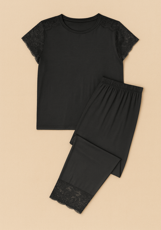Modal Pajama: Lace Mega Sleeve Top And Pant With Lace Detail