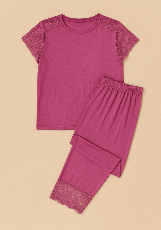 Modal Pajama: Lace Mega Sleeve Top And Pant With Lace Detail