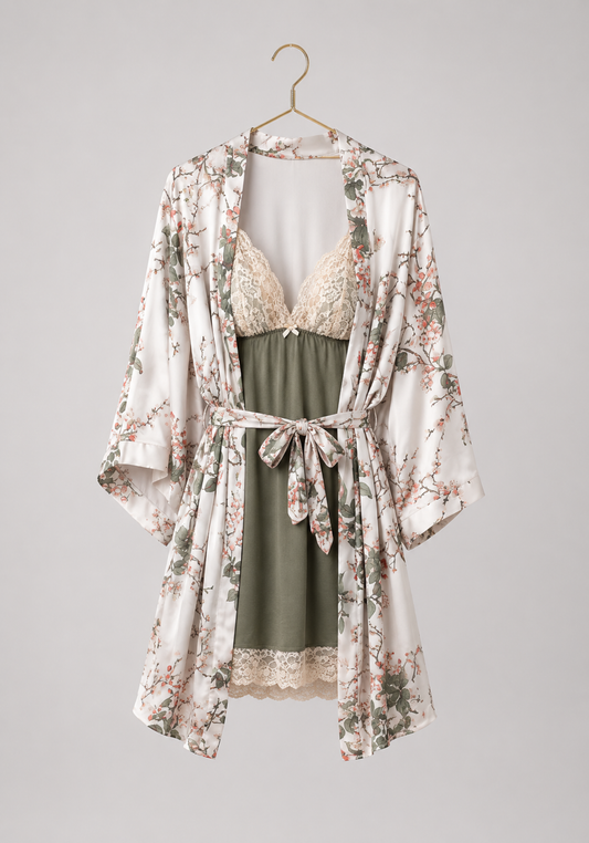 Short Robe Set: Viscose Lycra Shoulder Strap Plain Nighty With Lace Detail And Satin Printed Robe