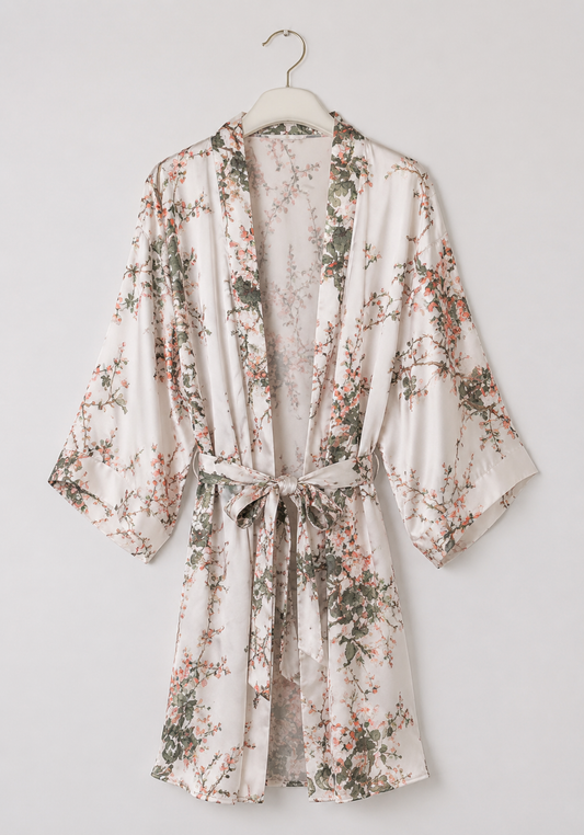 Short Robe Set: Viscose Lycra Shoulder Strap Plain Nighty With Lace Detail And Satin Printed Robe