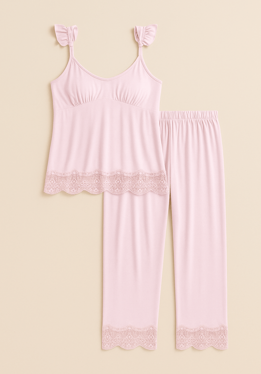 Modal Pajama: Furfur Shoulder Strap Top With Lace Detail And Pant With Lace Detail