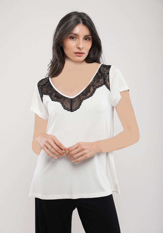 Viscose Short Sleeve V Lace Collar Top And Plain Pant Pajamas