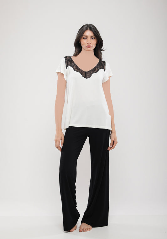 Viscose Short Sleeve V Lace Collar Top And Plain Pant Pajamas
