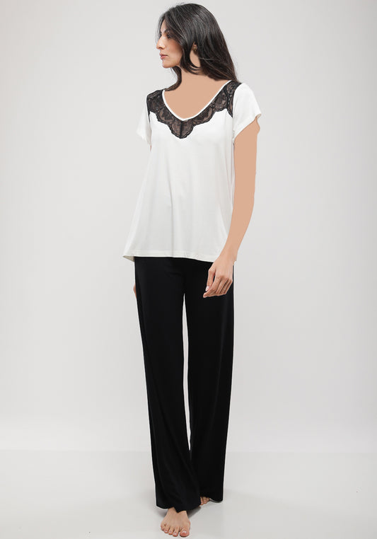Viscose Short Sleeve V Lace Collar Top And Plain Pant Pajamas