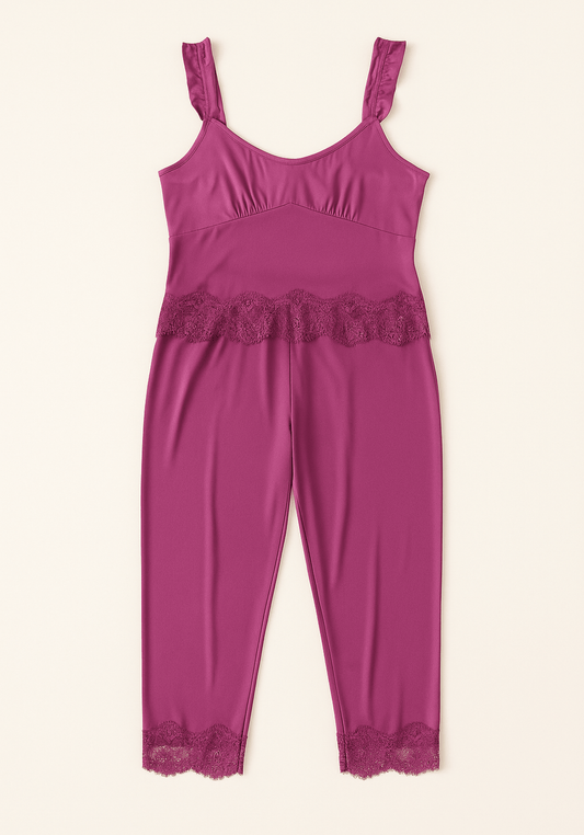 Modal Pajama: Furfur Shoulder Strap Top With Lace Detail And Pant With Lace Detail