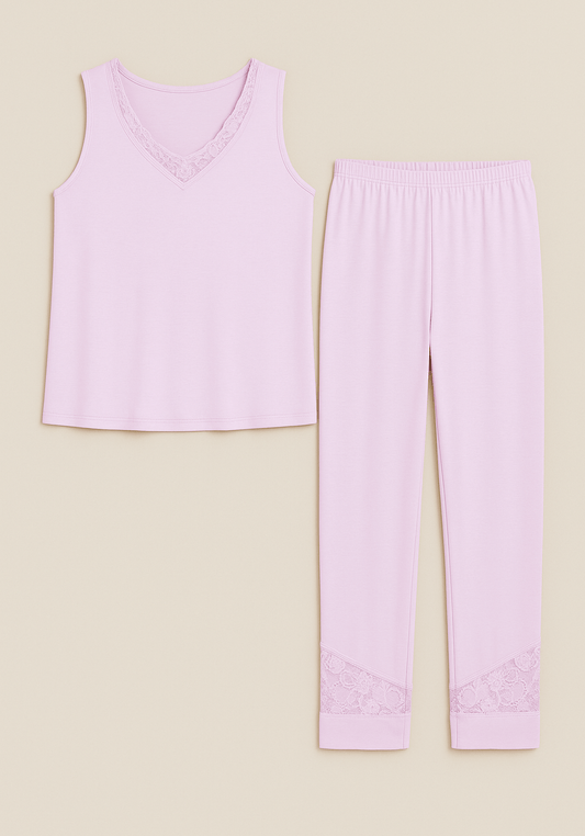 Modal Pajama: Sleeveless Top And Bermuda Pants With Lace Details