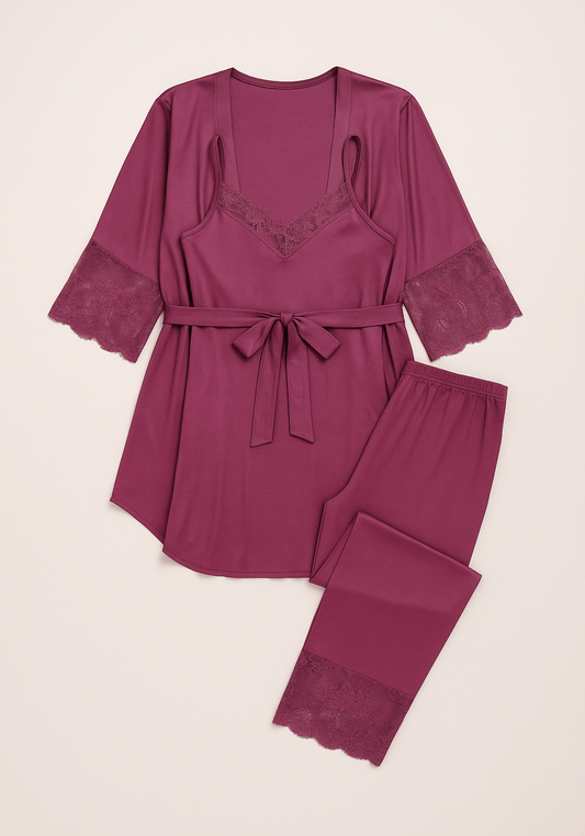 Modal 3 Piece Set: Dantel Shoulder Strap Top And Pants And Robe With Lace Details