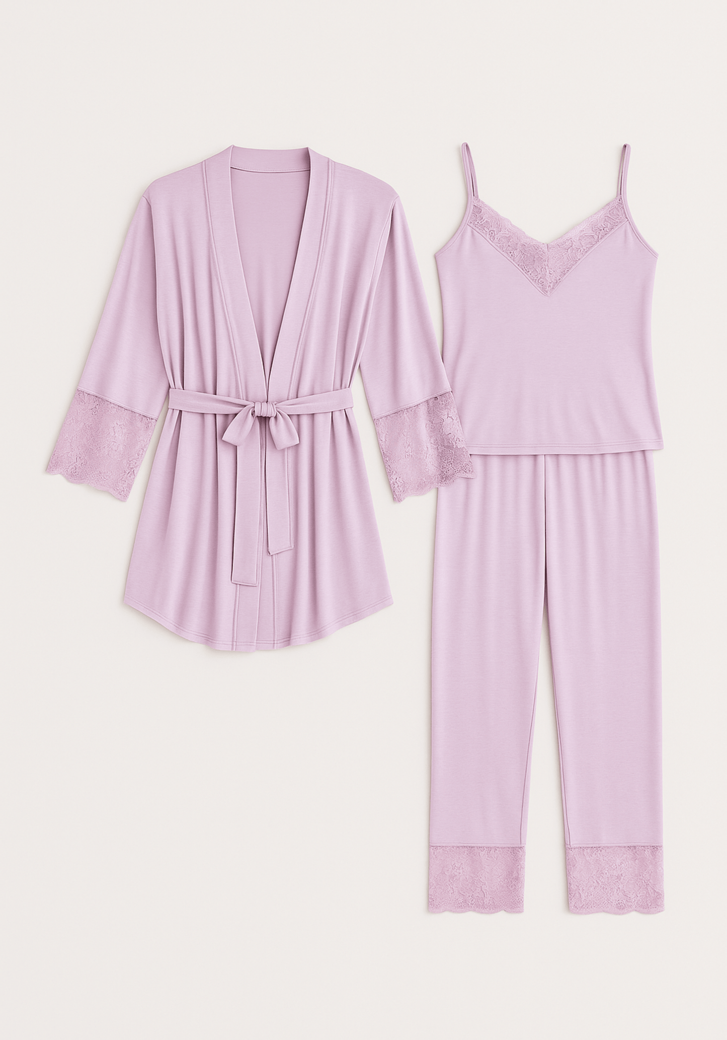 Modal 3 Piece Set: Dantel Shoulder Strap Top And Pants And Robe With Lace Details