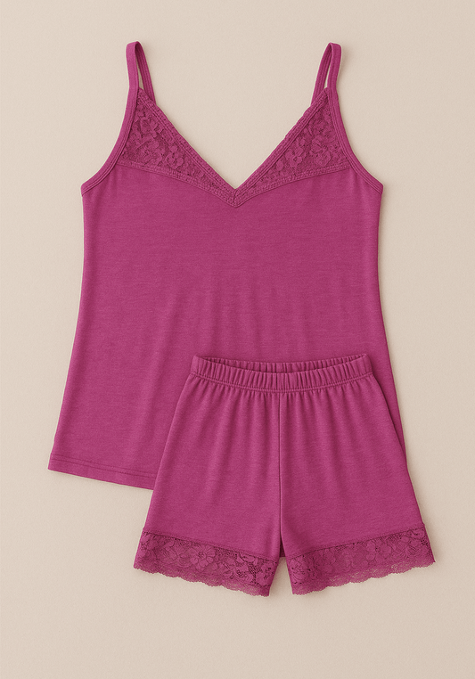 Modal Short Set: Shoulder Strap Top With Lace Detail And Shorts