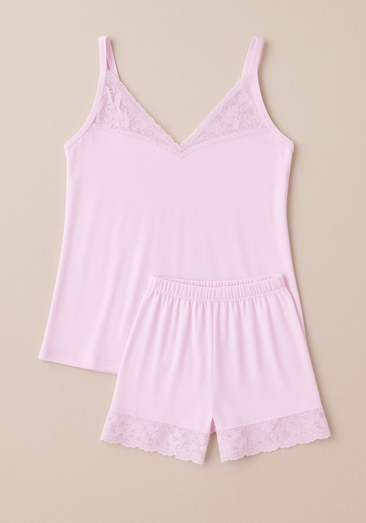 Modal Short Set: Shoulder Strap Top With Lace Detail And Shorts