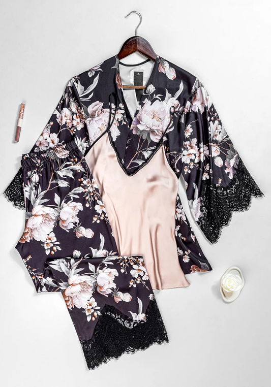 Lingerie 3 Pieces Set: Satin Plain V-Lace Sleeveless Strap Top And Satin Floral Printed Pants And Kimono With Dantel