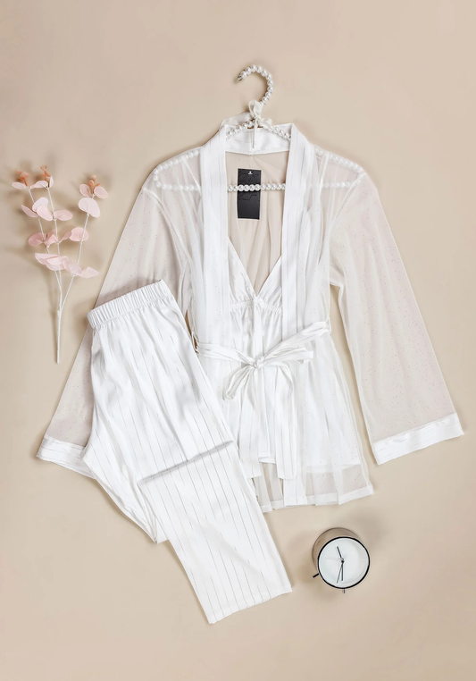 Bridal 3 Pieces Pajama: Satin Striped Strap Top And Pant And Schiffon Kimono