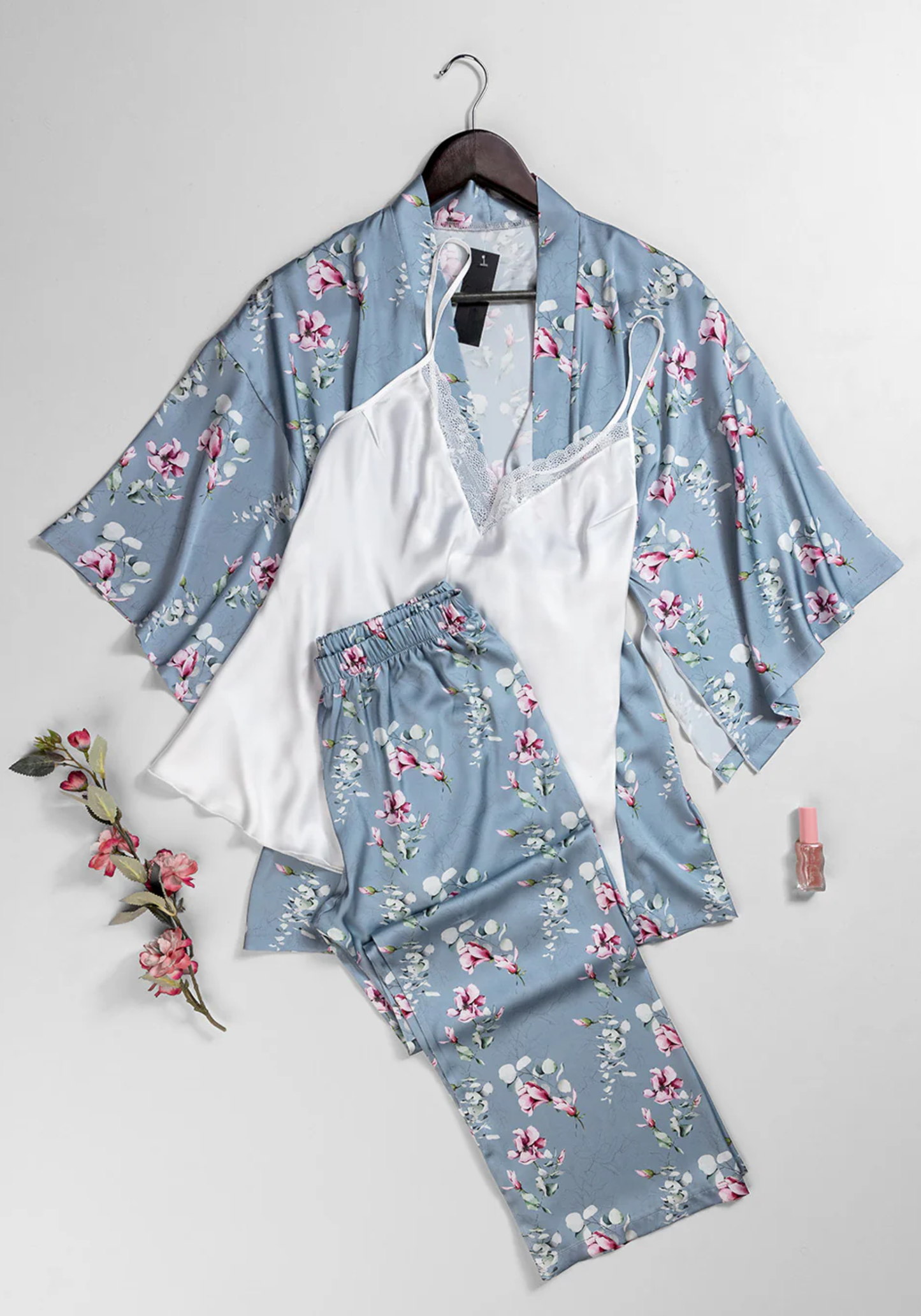 Lingerie 3 Pieces Set: Satin Plain V-Lace Strap Top And Satin Printed Pants And Kimono
