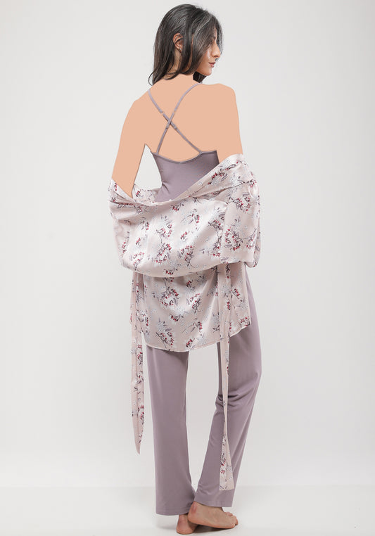 3 Pieces Set: Viscose Shoulder Strap Plain Pajamas And Satin Printed Robe
