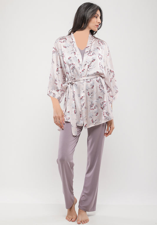 3 Pieces Set: Viscose Shoulder Strap Plain Pajamas And Satin Printed Robe