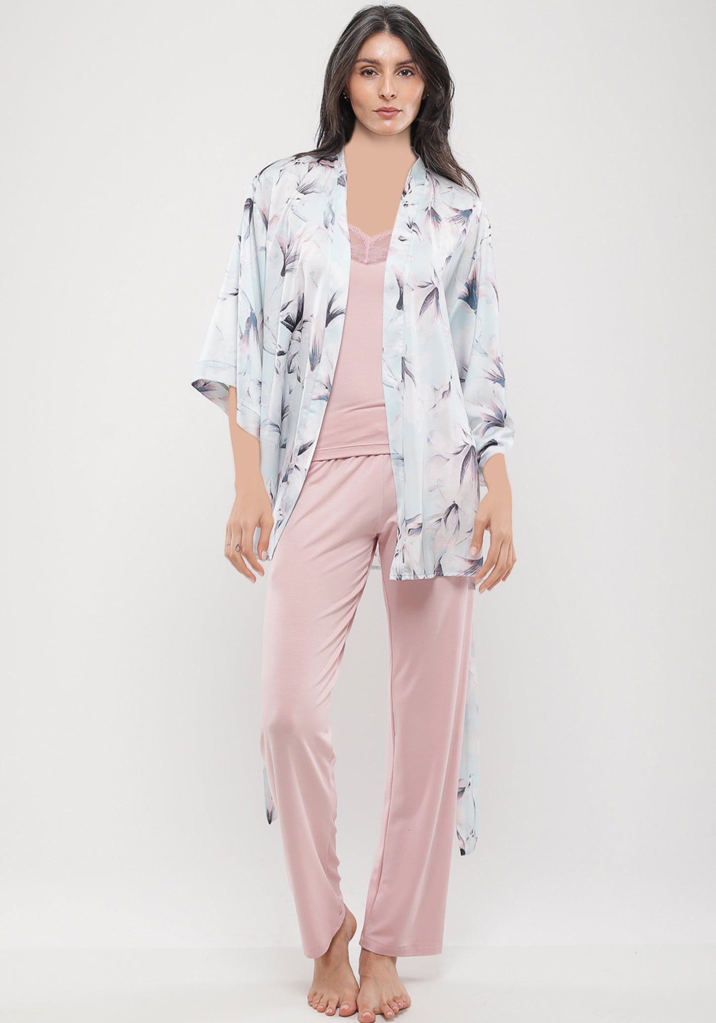 3 Pieces Set: Viscose Shoulder Strap Plain Pajamas And Satin Printed Robe