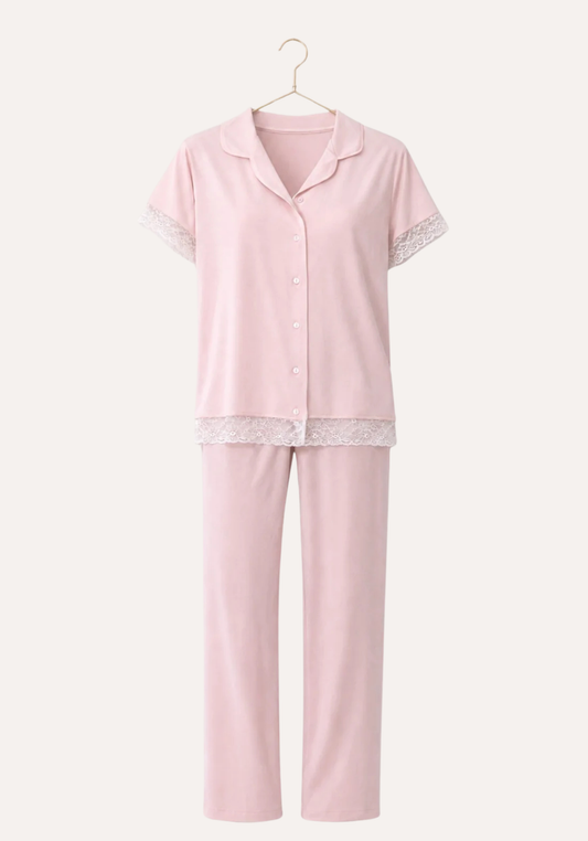 Viscose Short Sleeve With Lace Detail Top And Plain Pant Pajamas