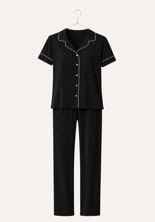 Viscose Collar Button Short Sleeve Top And Pant Pajamas