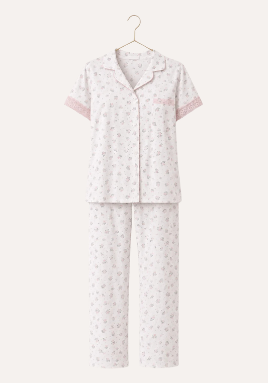 Cotton Collar Button Short Sleeve Top And Pant Floral Print Pajamas